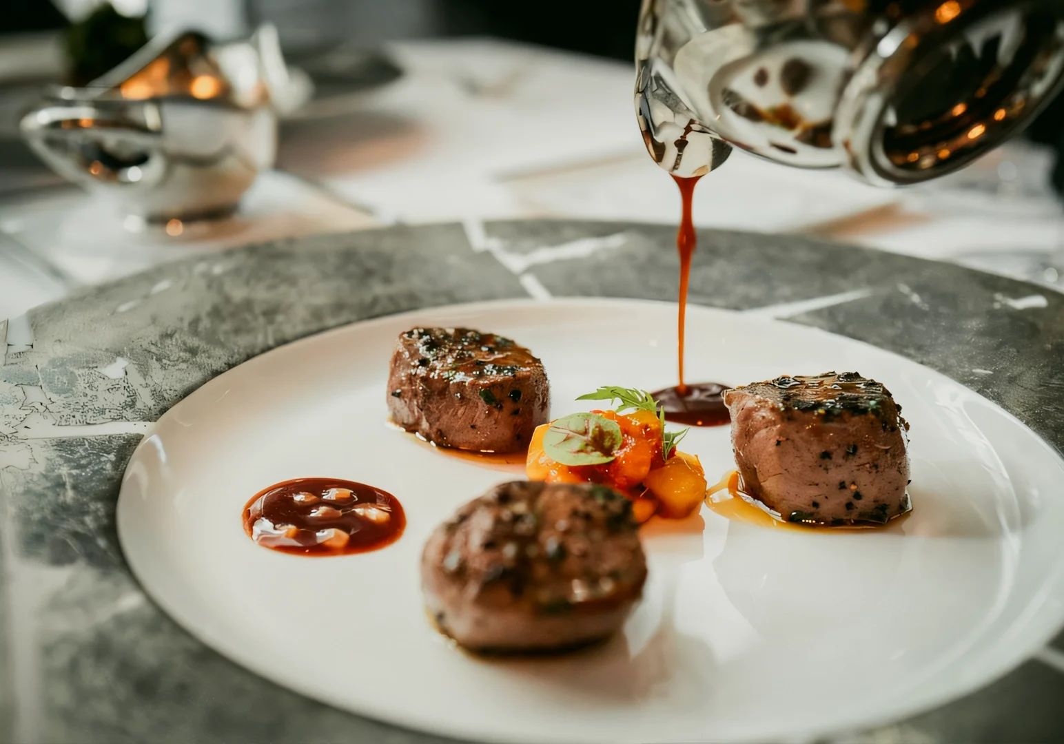 Close-up, eye-level shot of an elegant fine dining dish with seared beef medallions as rich sauce is poured tableside onto a white plate.