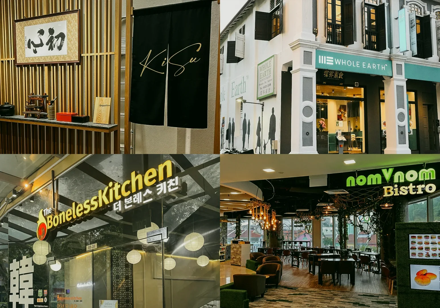 Eye‑level wide shot of a plant‑based vegetarian food stall with a yellow storefront sign reading “Ci En (Plant Based Vegetarian),” featuring a service counter, food display case, and kitchen preparation area behind.