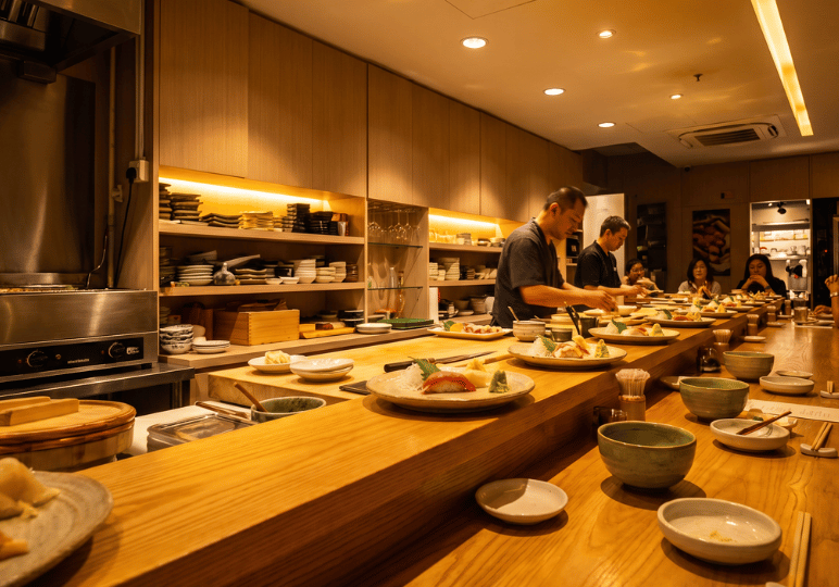 A chef meticulously assembling plates of sushi and appetizers along a sleek wooden counter for seated diners at Bistro du Le Pin.
