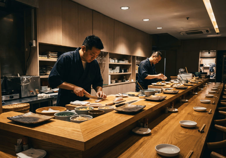 4-orchard-plaza-stalls Two chefs in traditional dark blue uniforms meticulously preparing dishes behind a long, polished wooden counter at an intimate Japanese restaurant, with elegant place settings arranged for diners along the empty bar.