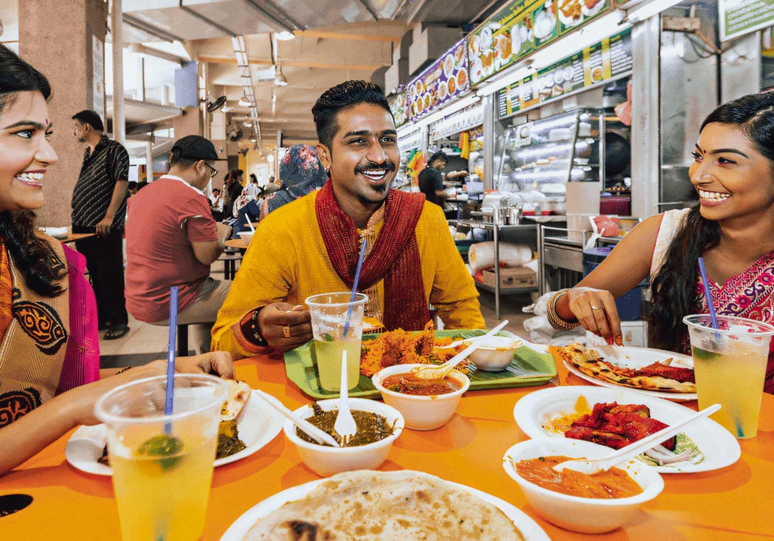 A table filled with Indian dishes including curries, bread, rice, and beverages at a lively hawker centre with food stalls in the background.