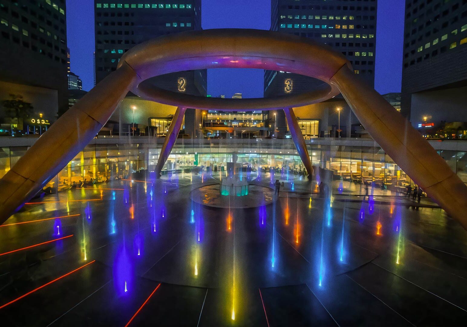 Night view of the Fountain of Wealth at Suntec City, featuring colorful illuminated water jets and the large circular bronze ring structure, surrounded by glass-fronted buildings and office towers.