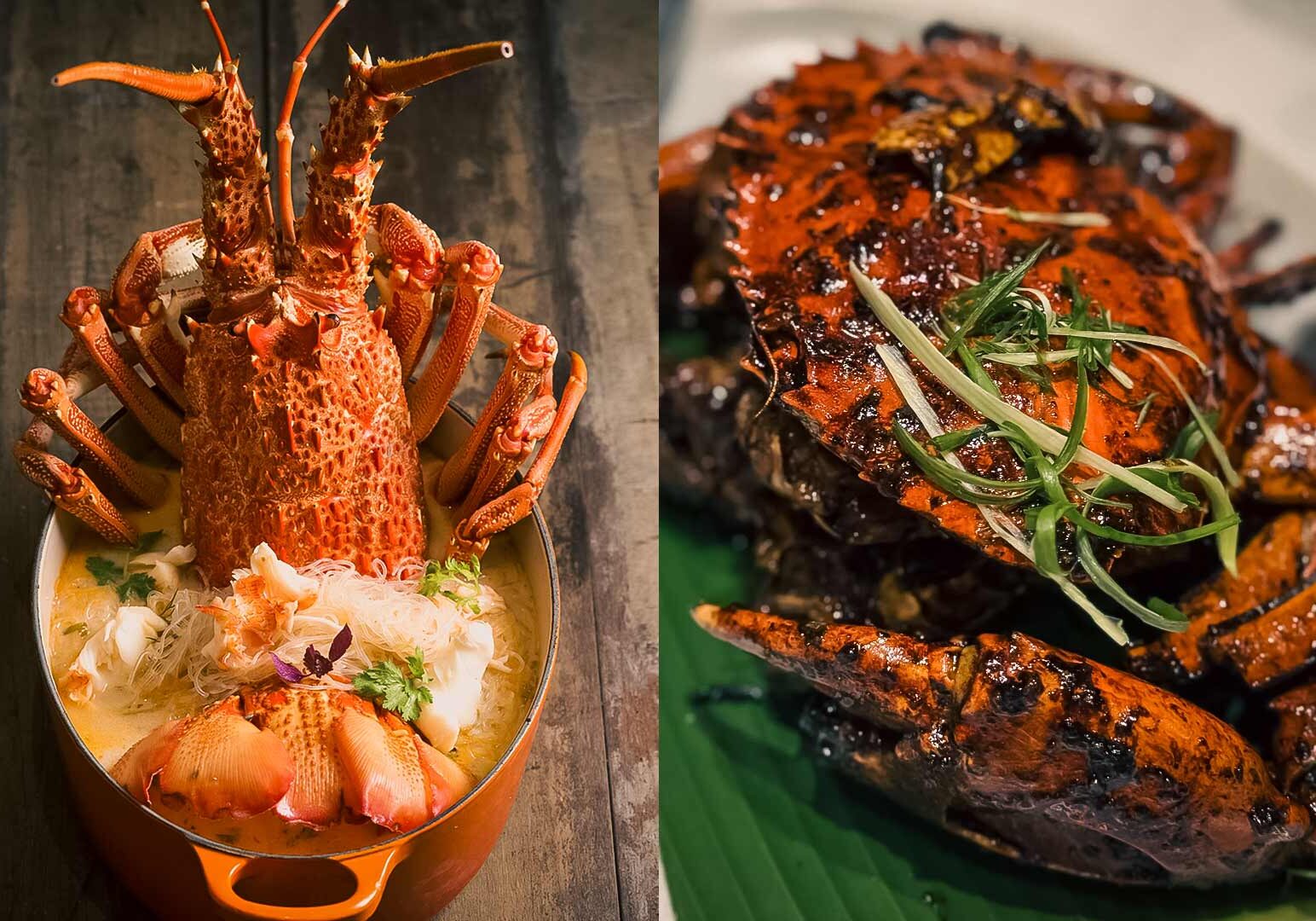 5-Palm-Beach-Seafood Two signature seafood dishes: a whole lobster cooked in creamy broth with noodles and herbs, and a chargrilled black pepper crab glazed with dark aromatic sauce and topped with sliced scallions.