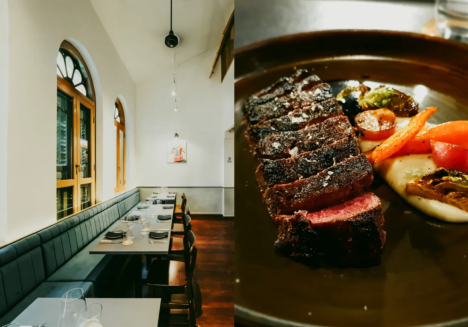 Left: Wide‑angle, eye‑level shot of a minimalist restaurant dining space with long banquette seating, arched windows, white walls, wooden flooring, and tables neatly set under natural daylight. Right: Close‑up, three‑quarter angle of a grilled steak entrée served with roasted vegetables on a dark ceramic plate, highlighting charred texture and rich presentation.