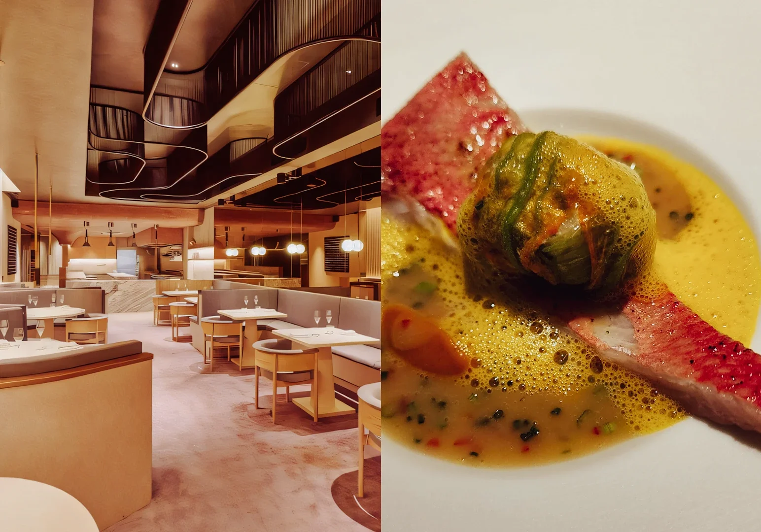 Left: Wide‑angle interior shot of an upscale Singapore restaurant with curved architectural details, soft lighting, and elegant booth seating; Right: Macro close‑up of a refined seafood entrée with layered ingredients and vibrant sauce, showcasing fine‑dining presentation.