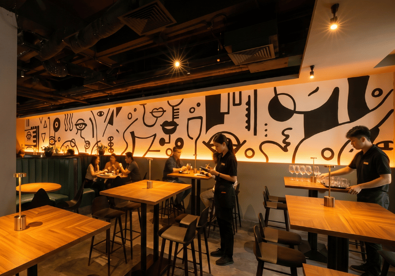 Lively main dining area of Tomo Tokyo, showing restaurant staff and patrons at wooden high-top tables beneath a long, continuous black-and-white abstract wall mural.