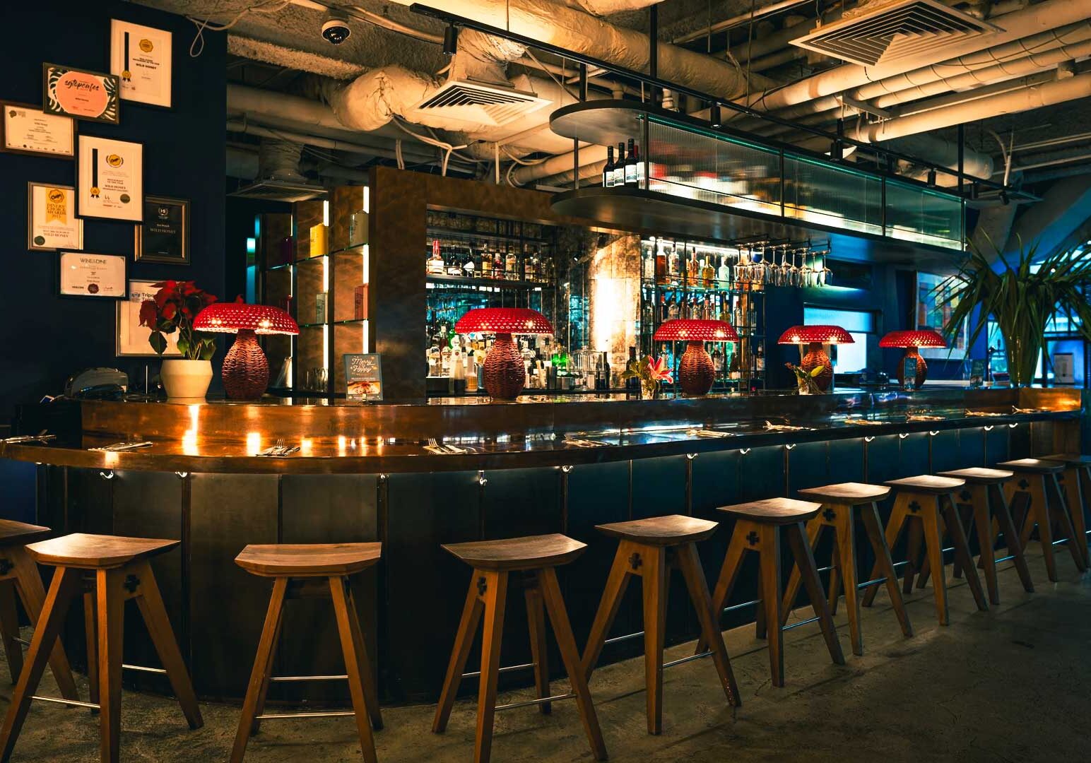 Upscale bar interior with a long polished counter, wooden stools, warm ambient lighting, and a display of illuminated bottles behind the bar.
