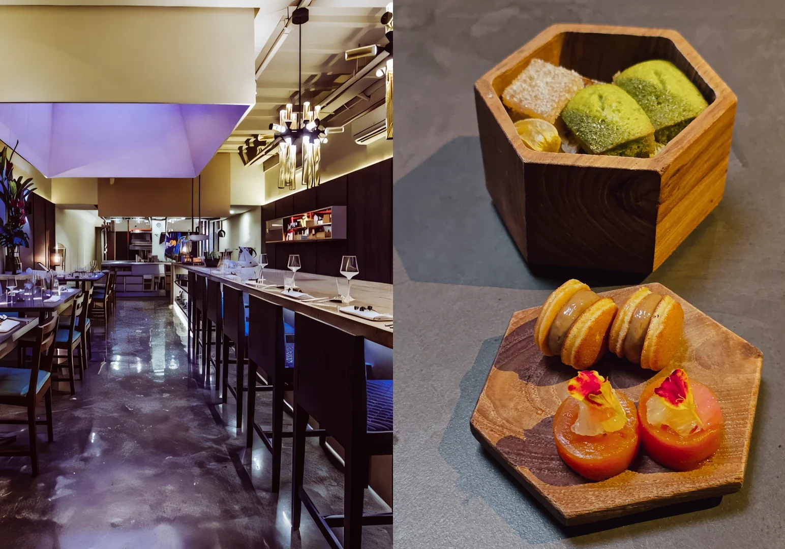 Left: Wide‑angle interior shot of a modern bar‑style restaurant in Singapore with a long counter, ambient lighting, and contemporary decor; Right: Close‑up of artisanal desserts served on wooden plates, featuring colorful confections and delicate plating.