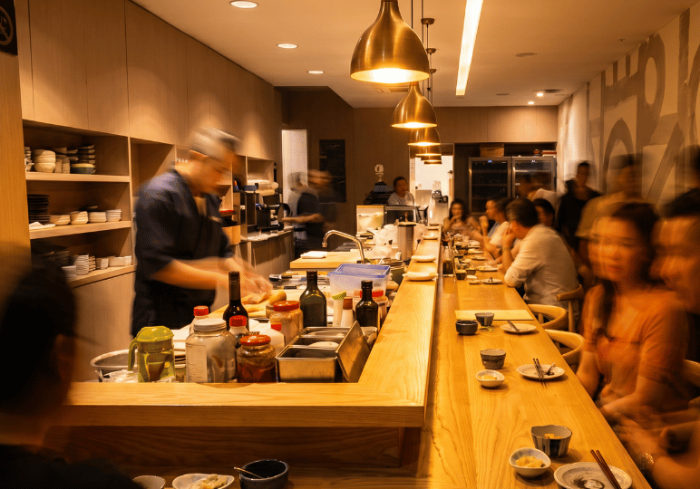 A lively, warm-toned action shot of a busy dinner service at Bistro du Le Pin, with a chef in motion behind the counter serving a full row of seated guests.