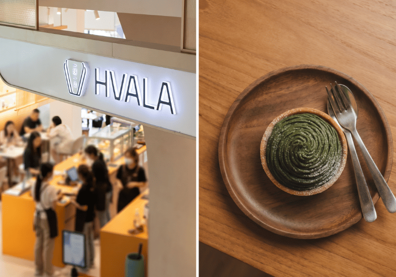A side-by-side image showing the modern, minimalist storefront of the Hvala cafe with staff and customers, alongside a top-down view of a swirled matcha mont blanc tart served on a wooden plate with a fork and spoon.