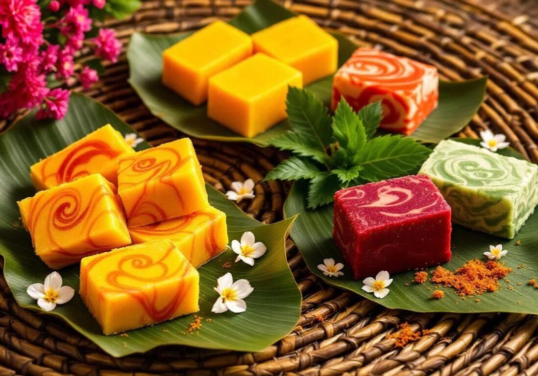 A vibrant assortment of traditional Peranakan kueh is beautifully arranged on banana leaves, showcasing the colorful and intricate designs typical of authentic Nyonya food. This display highlights the unique culture and heritage of Peranakan cuisine, inviting guests to explore the delightful flavors of these beloved dishes.