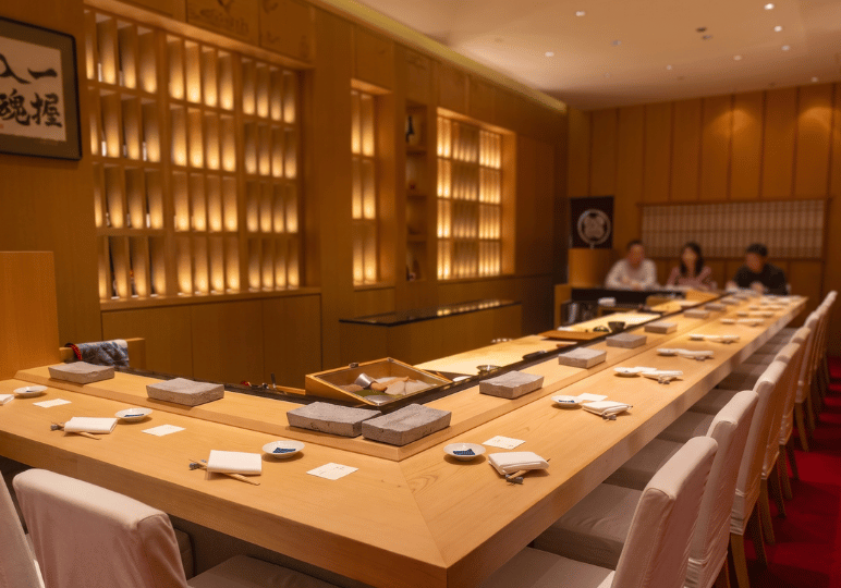 An elegant, light-wood omakase sushi counter set with individual stone serving blocks and chopsticks, ready for diners.