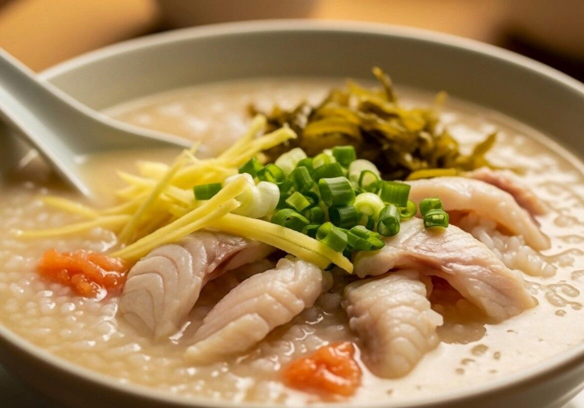 This close-up view features a comforting bowl of creamy rice congee generously topped with slices of tender white fish. The savory porridge is garnished with fresh julienned ginger, chopped green onions, and pickled vegetables, accompanied by a ceramic spoon resting in the broth.