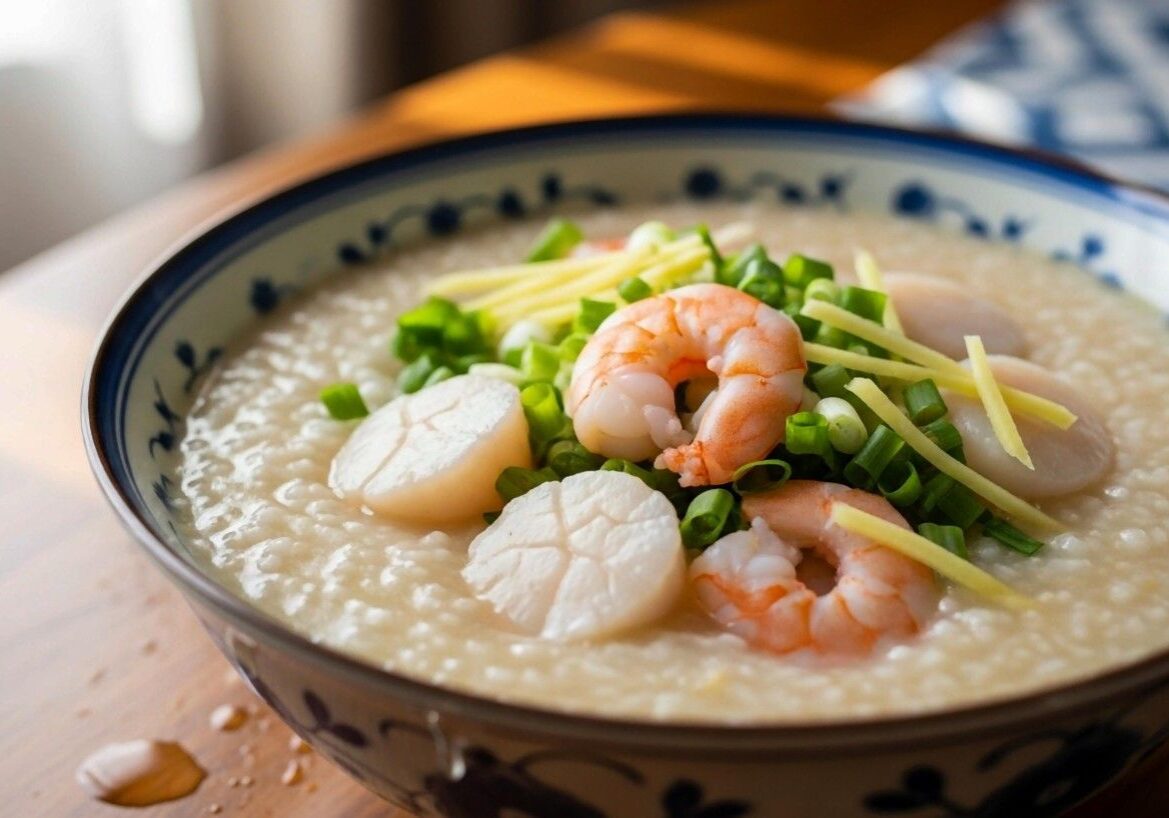 This image displays a blue-and-white ceramic bowl filled with creamy rice congee, generously topped with plump shrimp and large scallops. Fresh garnishes of chopped scallions and julienned ginger add texture and color to the savory porridge, which sits on a wooden table bathed in soft light.