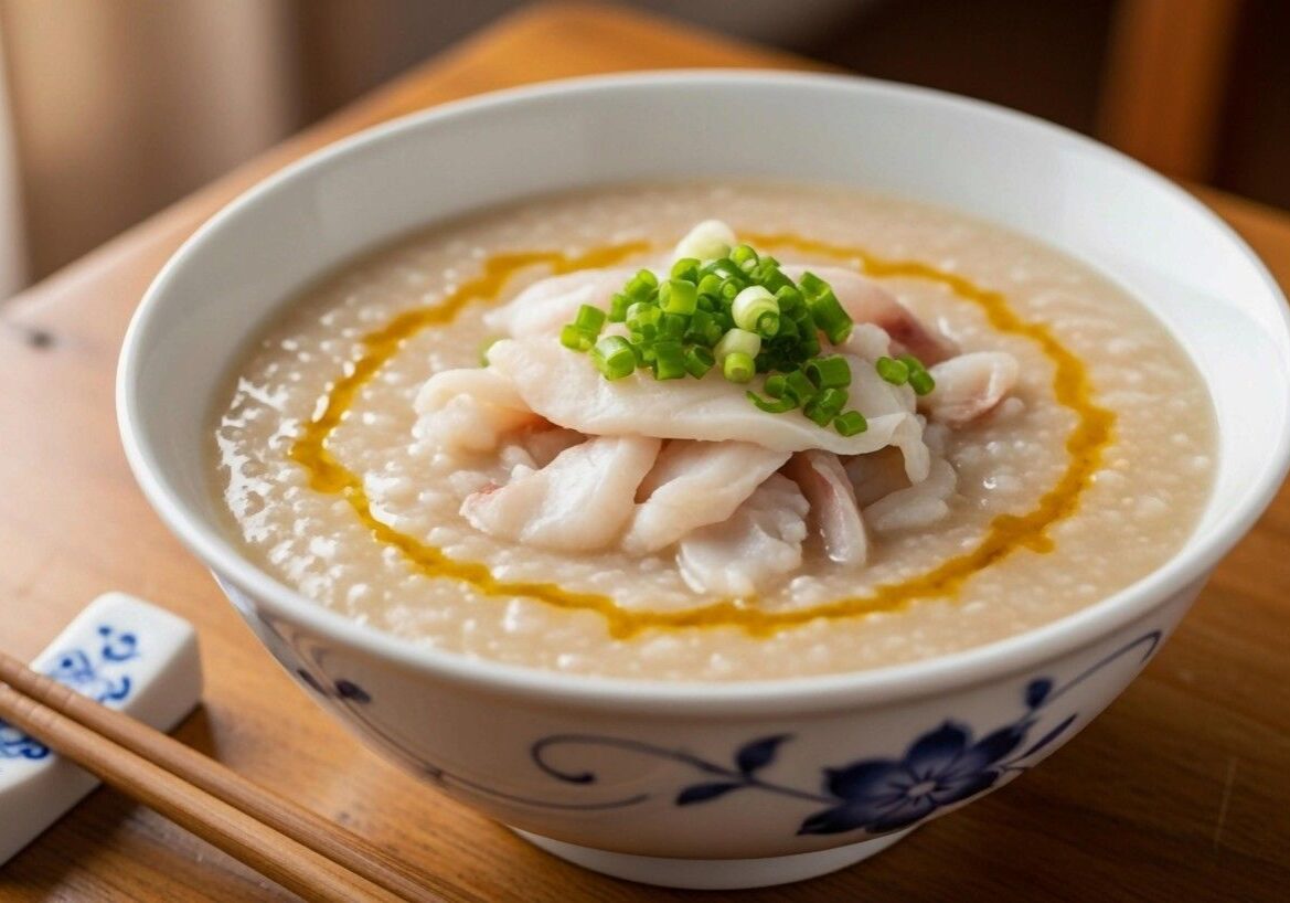 This close-up features a bowl of creamy rice porridge topped with a mound of fresh white fish slices and chopped scallions. A decorative drizzle of golden oil encircles the toppings, and the dish is presented on a wooden table next to wooden chopsticks resting on a ceramic holder.