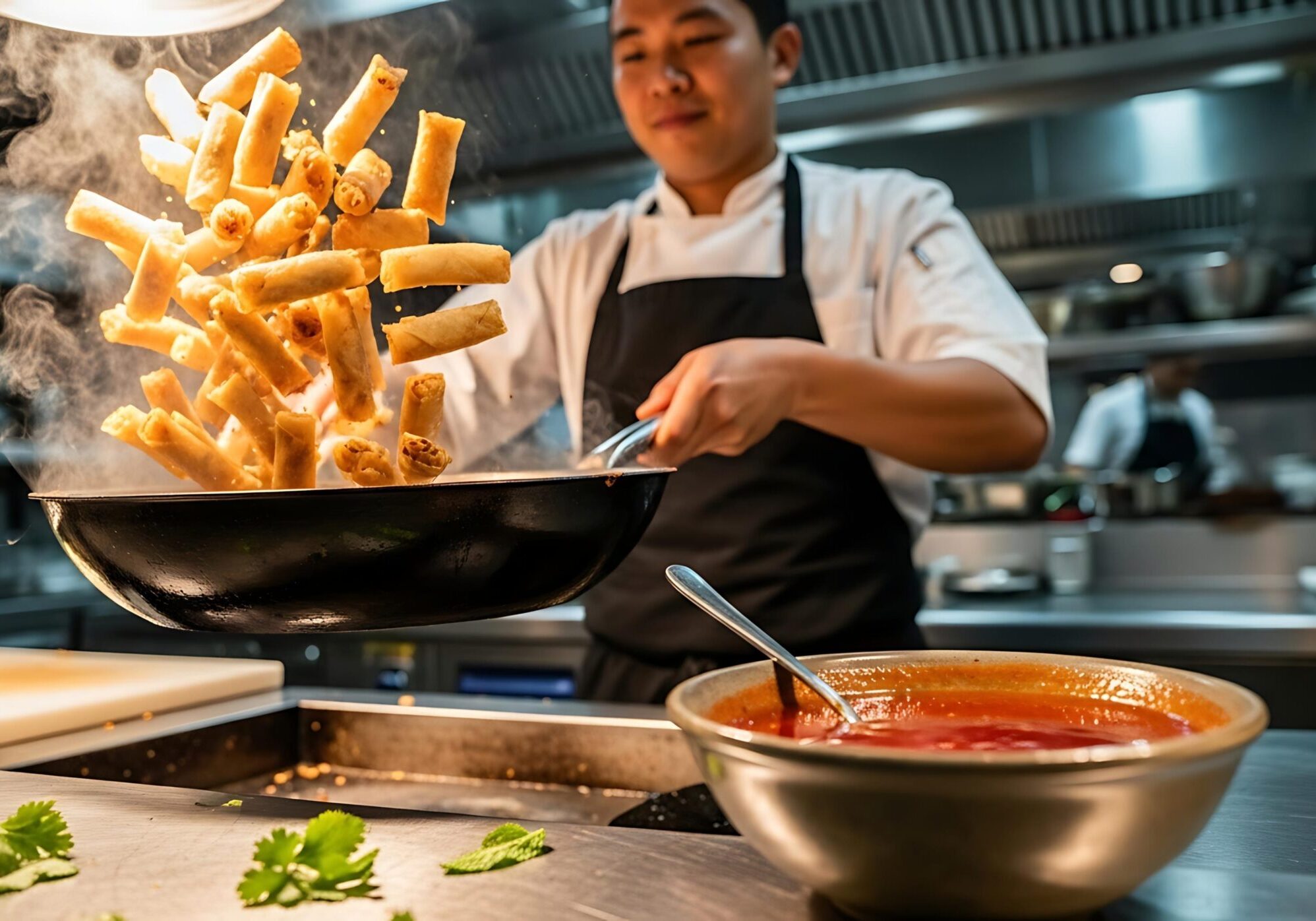 This dynamic culinary scene captures a chef in a professional kitchen skillfully flipping a large batch of golden-brown spring rolls mid-air above a steaming pan. In the foreground, a bowl of vibrant red sauce and scattered fresh green herbs rest on a stainless steel counter, framing the cooking action.