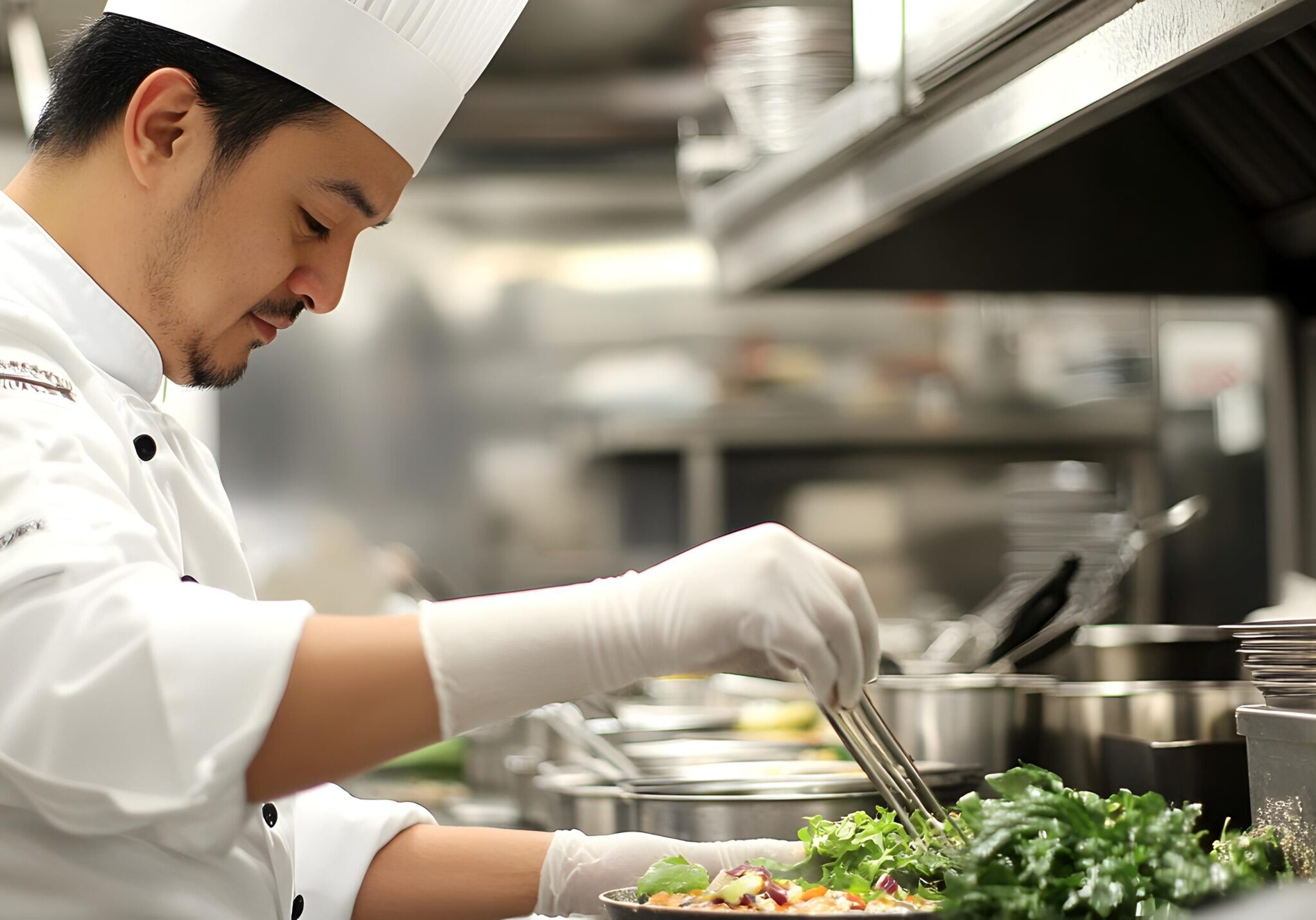This side-profile shot captures a focused chef in a white uniform using tongs to meticulously arrange fresh greens on a plate. The blurred background of stainless steel equipment highlights the professional kitchen setting, drawing attention to his delicate handling of the ingredients.