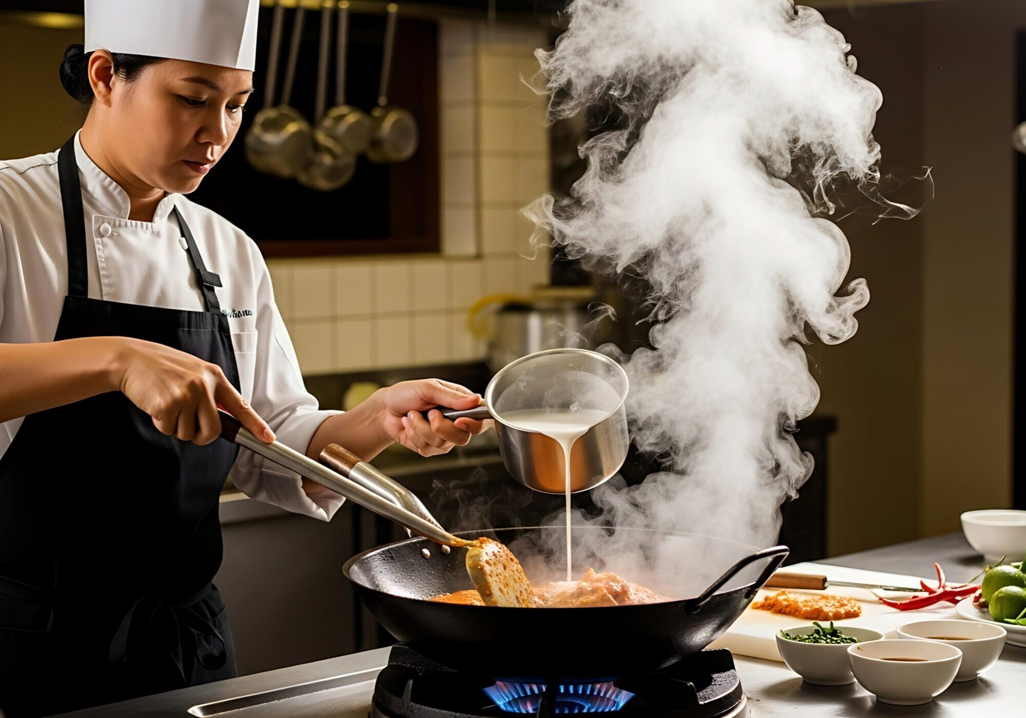 This culinary action shot features a focused female chef pouring a stream of white liquid, possibly coconut milk, into a hot, steaming wok while stirring the contents. The scene is set in a professional kitchen with hanging utensils in the background and various prepped ingredients, such as limes and chilies, arranged in bowls on the counter.