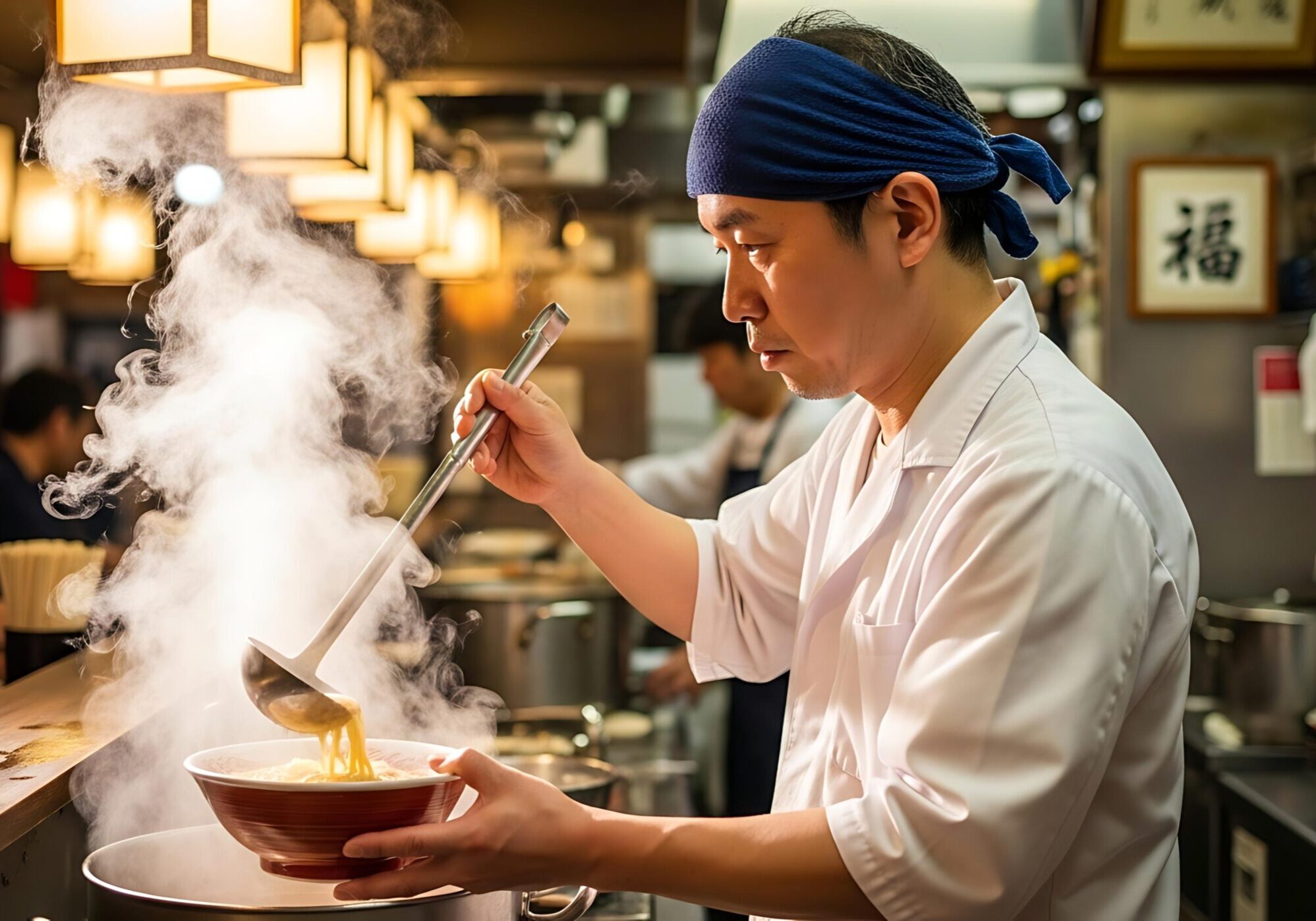 This atmospheric shot captures a focused chef wearing a blue headband as he lifts steaming noodles from a pot into a red serving bowl. The scene is set in a warm, dimly lit restaurant with traditional lantern lighting, where customers can be seen dining at the counter in the background.