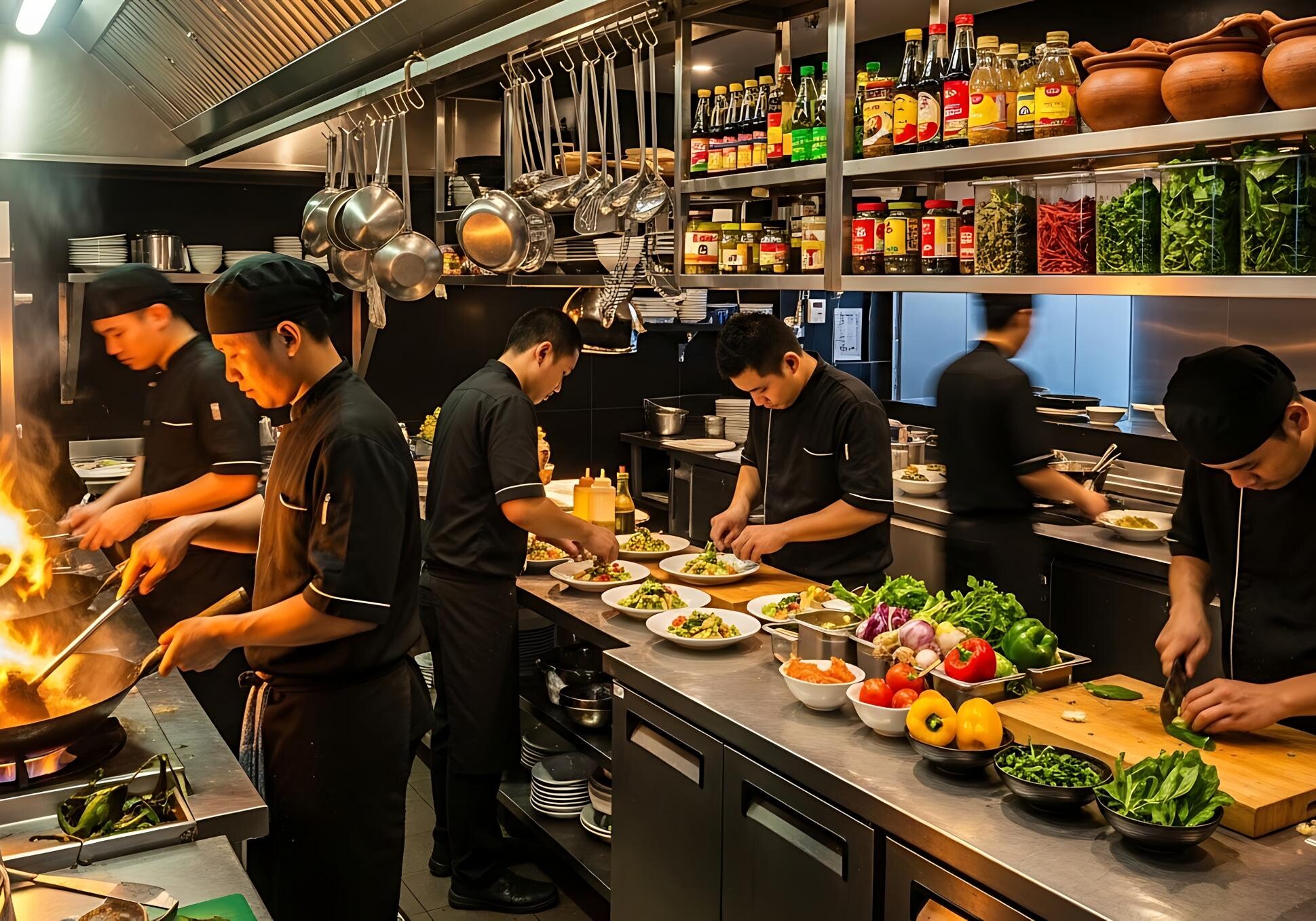 This bustling kitchen scene captures a team of chefs in black uniforms diligently working at their stations, with one chef on the left managing a dramatic burst of flames from a wok. The stainless steel workspace is organized with fresh ingredients like leafy greens and colorful peppers.