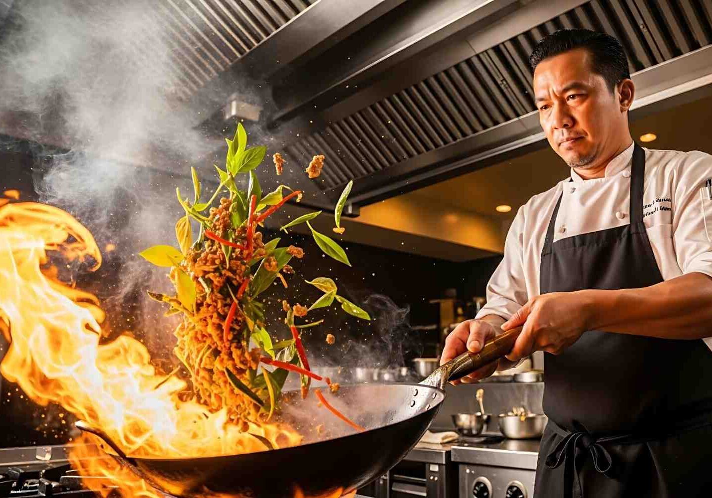 A focused chef skillfully tosses a colorful stir-fry in a large wok, creating a dramatic and intense burst of roaring flames. Fresh ingredients, including basil leaves and red peppers, are suspended in mid-air amidst the smoke, capturing the dynamic energy and searing heat of professional cooking.
