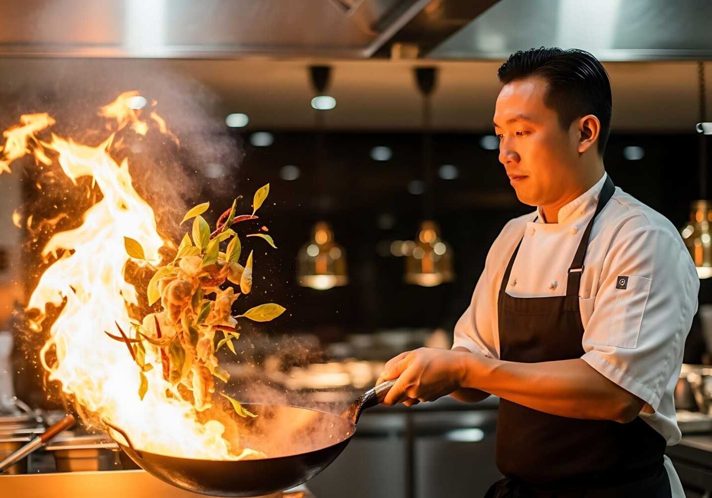 A skilled chef in a white uniform masterfully maneuvers a wok, tossing food high into the air accompanied by a dramatic plume of fire. The vibrant scene captures the intensity of the cooking process, with fresh basil leaves and other ingredients suspended amidst the roaring flames.