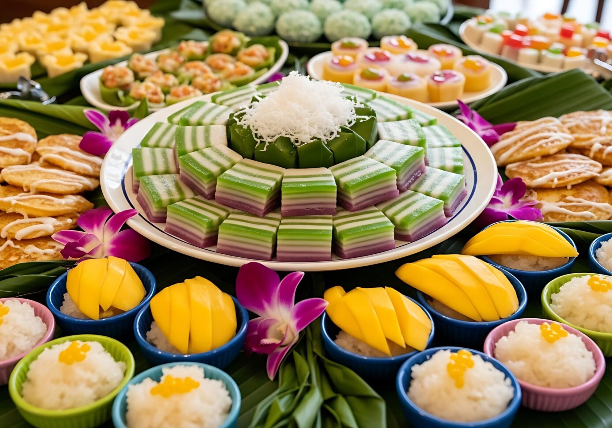 This image displays a lavish buffet spread of various colorful Thai desserts and snacks, with the centerpiece being a multi-tiered arrangement of green and purple layered cake, likely Kueh Lapis or Khanom Chan, topped with grated coconut.