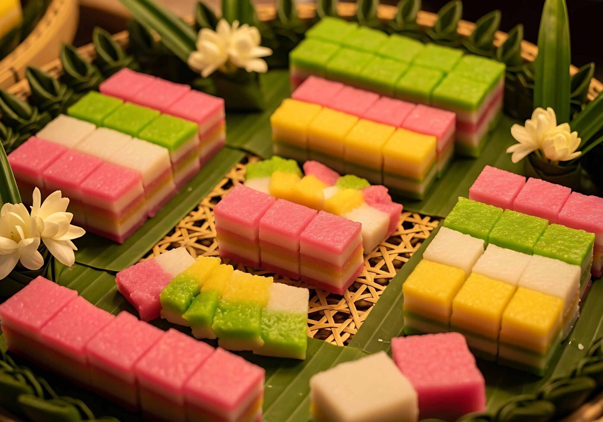 This image presents a vibrant collection of Kue Lapis, a colorful, layered Indonesian steamed rice cake, beautifully arranged in a shallow woven basket lined with banana leaves.
