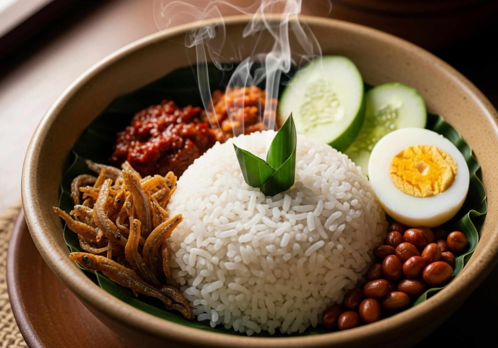 This image shows a beautifully presented bowl of a steaming rice dish, likely Nasi Lemak, a popular Southeast Asian meal.