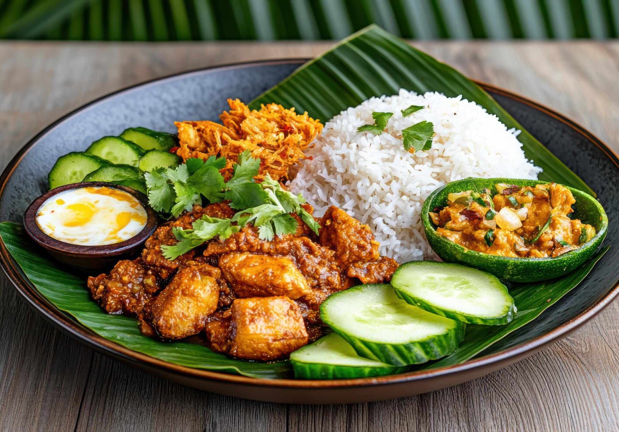 This image showcases a modern presentation of a Southeast Asian rice dish, likely a variation of Nasi Lemak or another curry/rendang meal, served on a dark, banana leaf-lined plate.