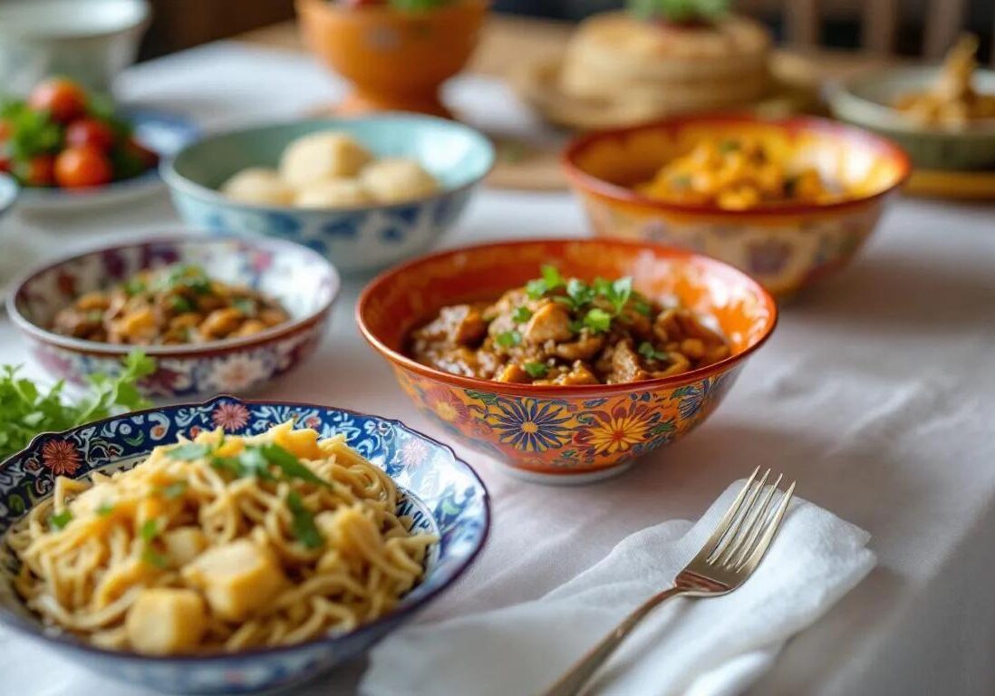 The image features a selection of traditional Peranakan dishes beautifully presented in colorful bowls adorned with intricate patterns, showcasing the rich heritage of authentic Nyonya food. This vibrant display highlights the unique culture of Peranakan cuisine, inviting guests to explore the flavors of dishes like ayam buah keluak and babi pongteh.