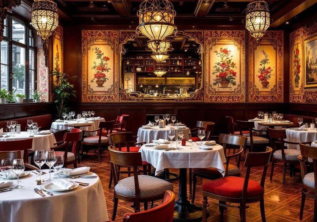 The interior of a traditional Peranakan restaurant features ornate tiles and elegant wooden furniture, creating a warm and inviting atmosphere that reflects the unique culture of Peranakan cuisine. This setting is perfect for enjoying authentic Nyonya food, such as ayam buah keluak and babi pongteh, in a modern twist on heritage dining.