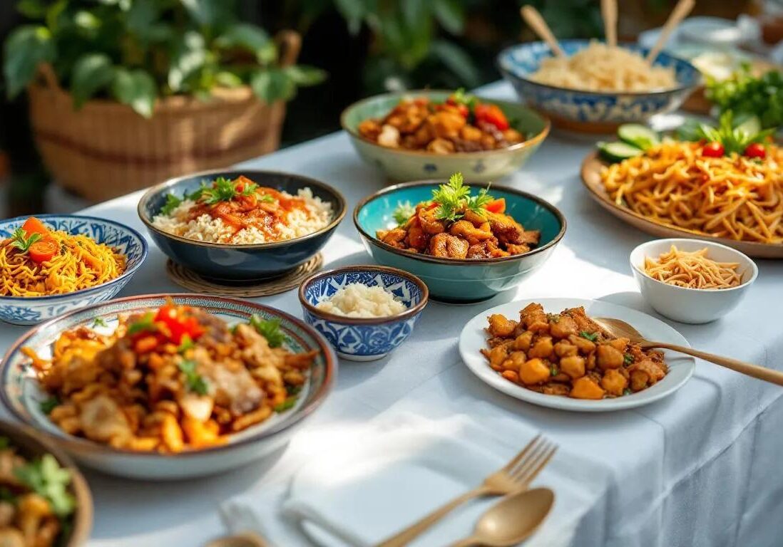 A vibrant buffet table showcases an array of halal Peranakan dishes, including traditional favorites like ayam buah keluak and babi pongteh, reflecting the unique culture and heritage of Nyonya food. The colorful presentation invites guests to explore the rich flavors and modern twists of authentic Peranakan cuisine at a celebrated restaurant in Singapore.
