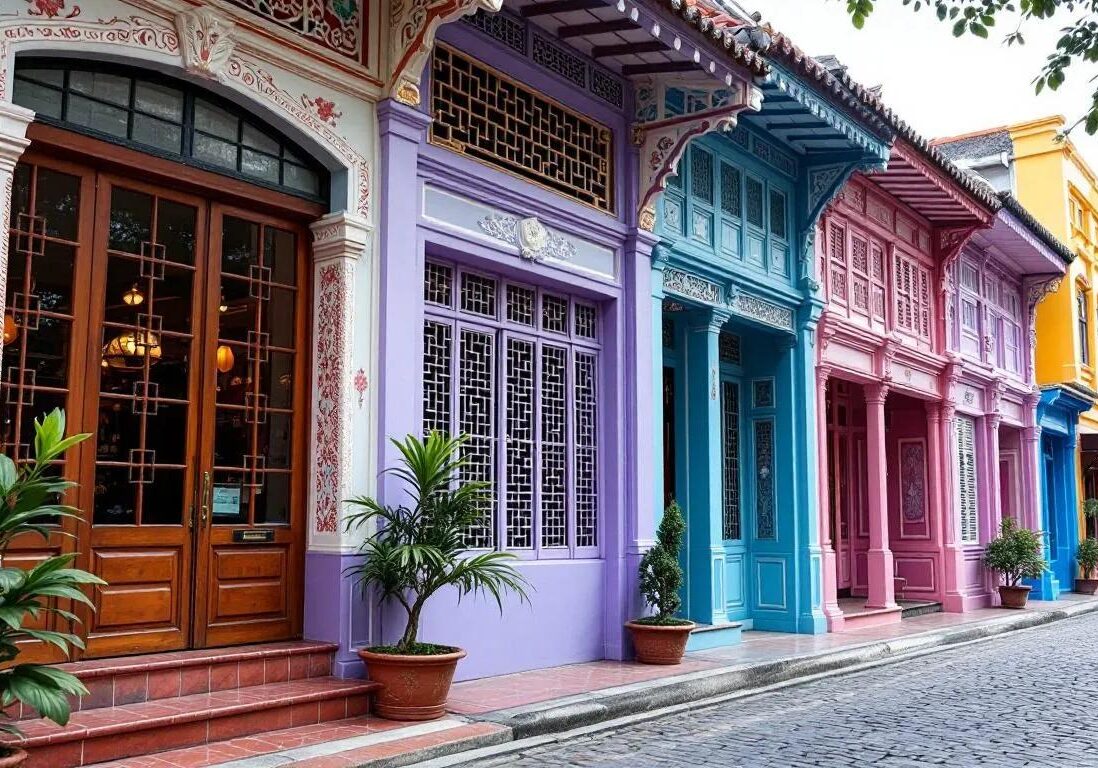 The image showcases traditional Peranakan shophouses in Joo Chiat, characterized by their vibrant, colorful facades that reflect the unique culture and heritage of Singapore. These charming buildings are a testament to the rich history of Peranakan cuisine, inviting visitors to explore authentic Nyonya food and the delightful dishes offered in nearby Peranakan restaurants.
