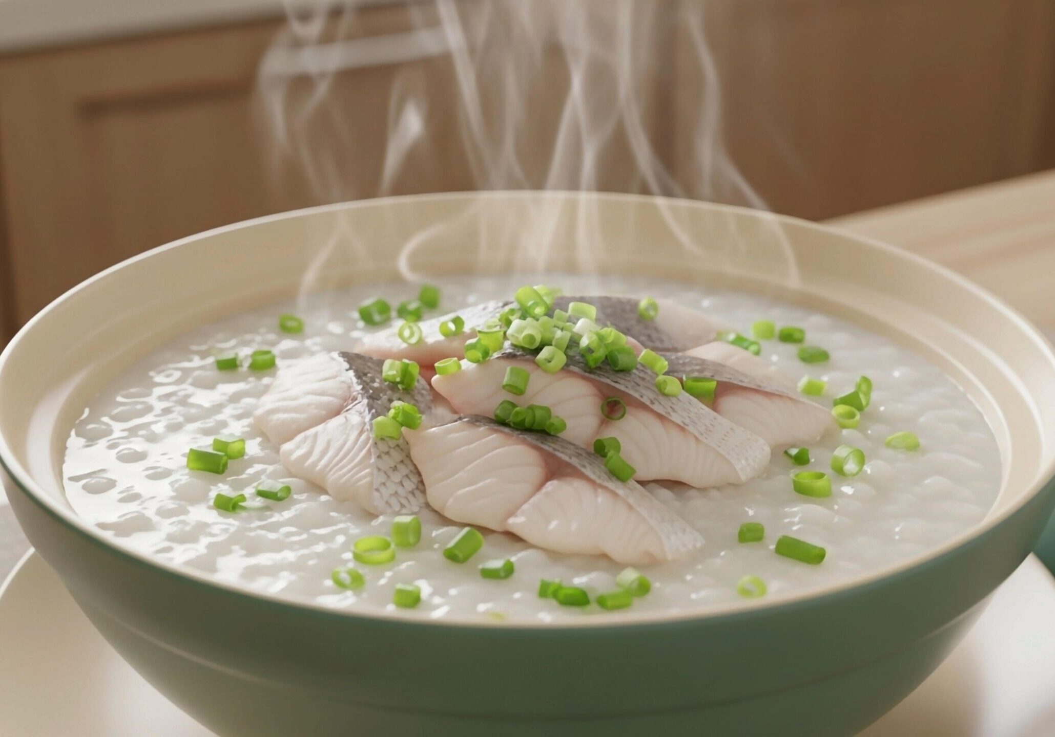 A steaming bowl of creamy white congee is topped with several slices of tender, cooked fish and a generous sprinkle of fresh green onions.