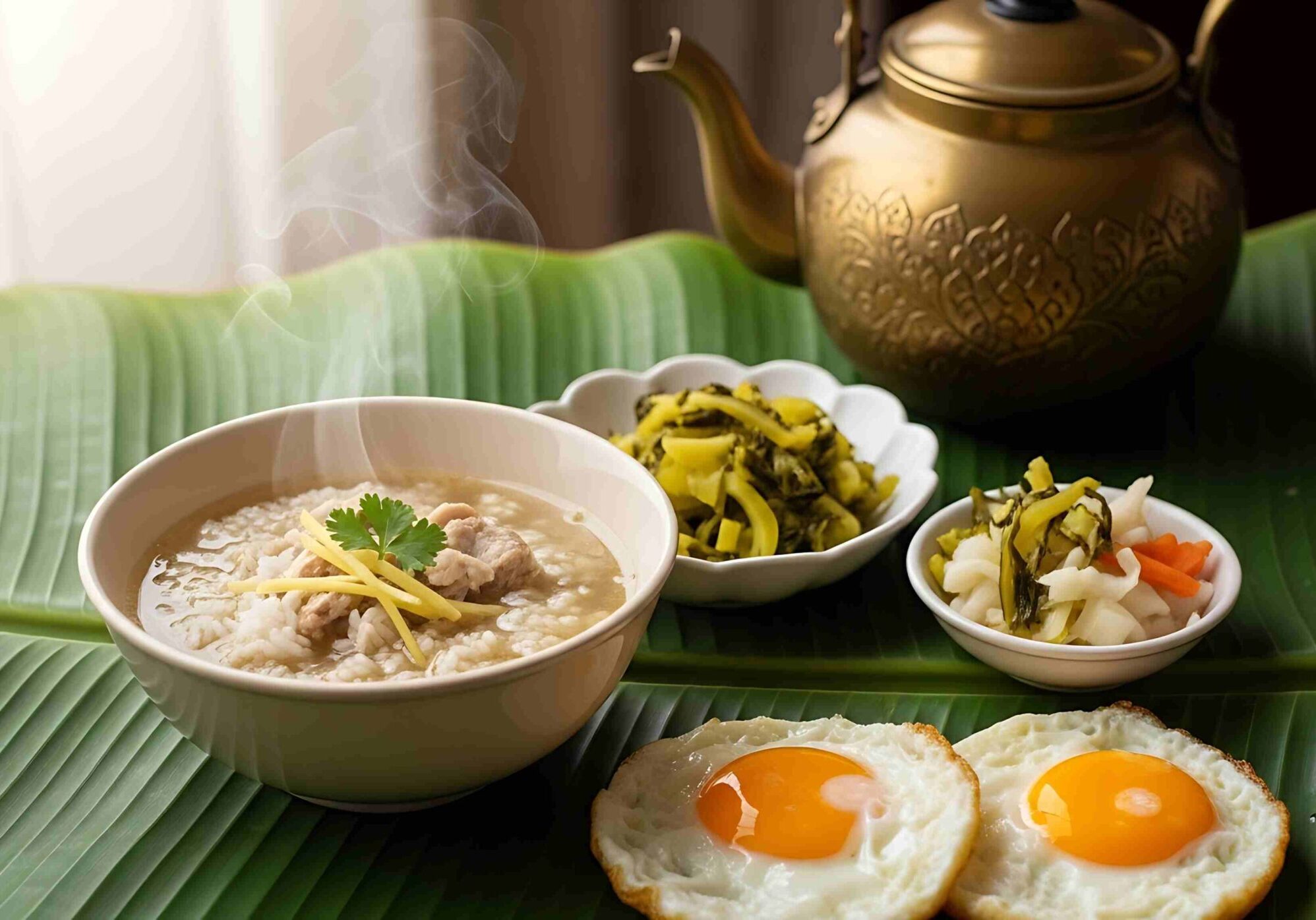 This image features a steaming bowl of Thai rice soup garnished with ginger and cilantro, served alongside two fried eggs and small dishes of pickled vegetables.