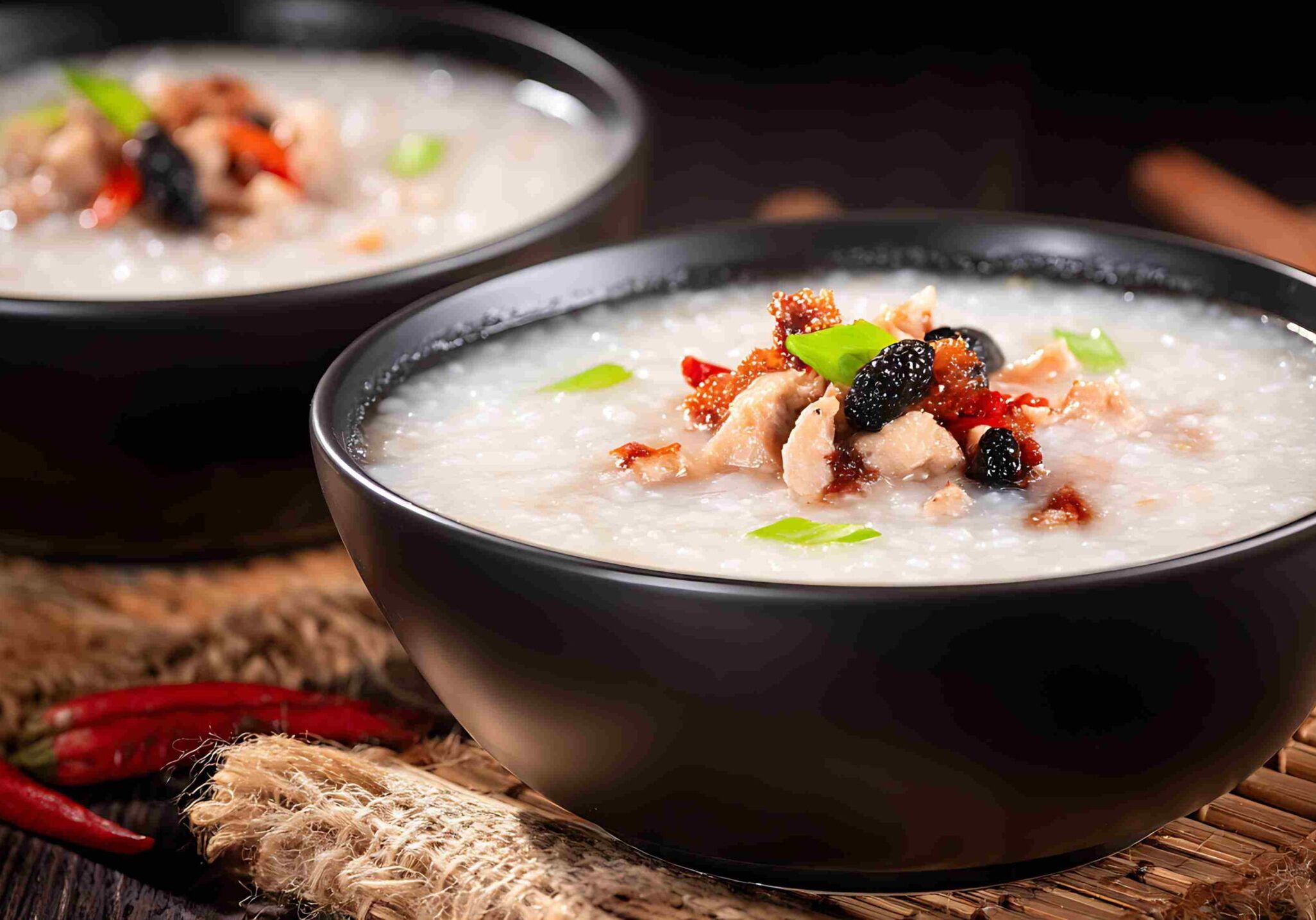 The first image features a white bowl of creamy congee topped with pork meatballs and a soft-poached egg, served with fried dough sticks and raw eggs on a rustic wooden table.