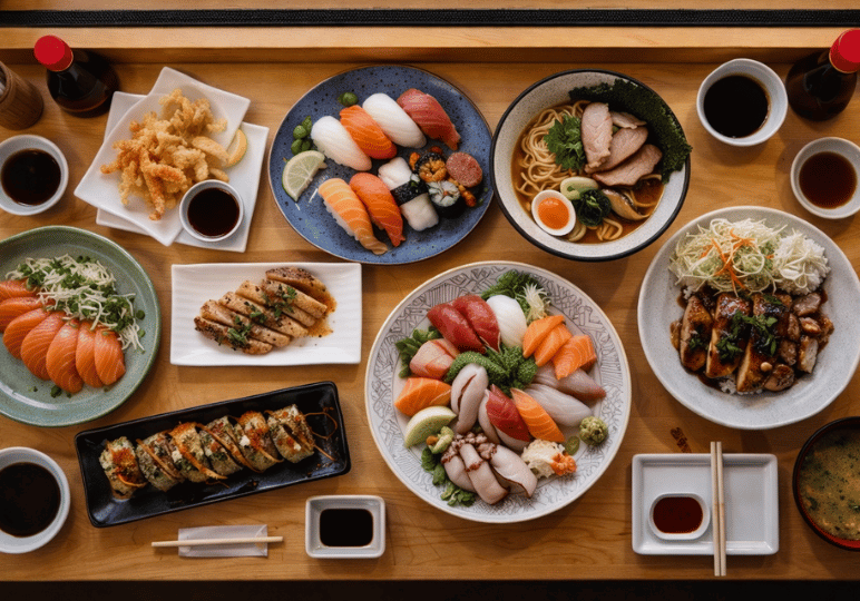 A vibrant, top-down spread of Japanese favorites on a light wooden table, featuring assorted sushi nigiri, a warm bowl of ramen, tempura, and glazed chicken donburi.