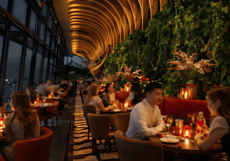 finedining-sg- (1) An elegant fine dining restaurant interior in Singapore, featuring curved wooden ceilings, a lush botanical wall, and warmly lit tables beside large windows overlooking the city at twilight.