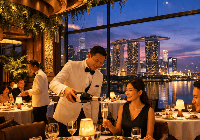 finedining-sg- (6) A waiter in a white tuxedo pouring champagne for a smiling couple at a luxury restaurant, framed by expansive windows revealing the iconic Marina Bay Sands at sunset.