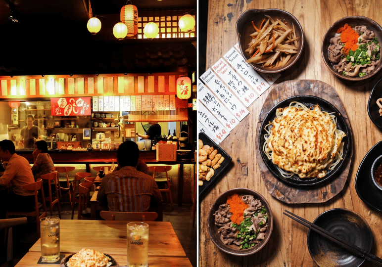 izakaya-afterwork-sg- (2) A split image showing patrons dining in a warm, traditional-style izakaya with paper lanterns on the left, and a top-down view of a wooden table filled with Japanese dishes like sizzling hotplates and beef bowls on the right.