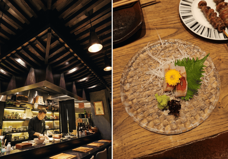 izakaya-afterwork-sg- (3) A split image featuring an izakaya chef preparing food behind a dark wooden counter on the left, and a close-up of elegantly plated sashimi on a textured glass dish garnished with a yellow flower on the right.