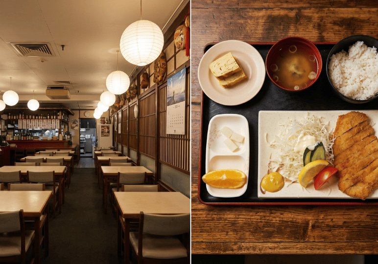 izakaya-afterwork-sg- (4) A split image displaying a brightly lit, retro-style Japanese restaurant interior with rows of empty tables and globe lanterns on the left, and a traditional tonkatsu set meal (teishoku) on a tray on the right.