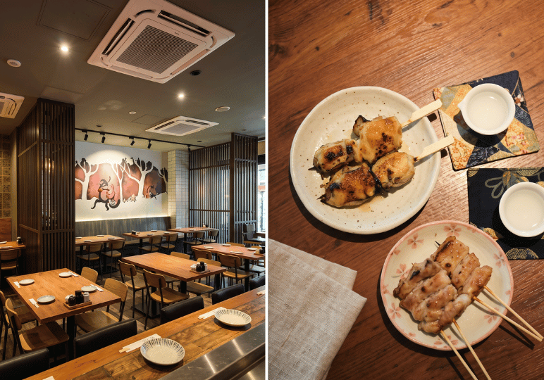 izakaya-afterwork-sg- (5) A split image showing a brightly lit, contemporary izakaya dining room with a whimsical animal mural on the left, paired with a close-up of yakitori chicken skewers and two sake cups on a wooden table on the right.
