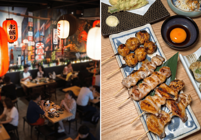 izakaya-afterwork-sg- (8) A split image showing a lively, crowded izakaya decorated with glowing red paper lanterns and a large city mural on the left, and a close-up of yakitori skewers served with a raw egg yolk dip on the right.