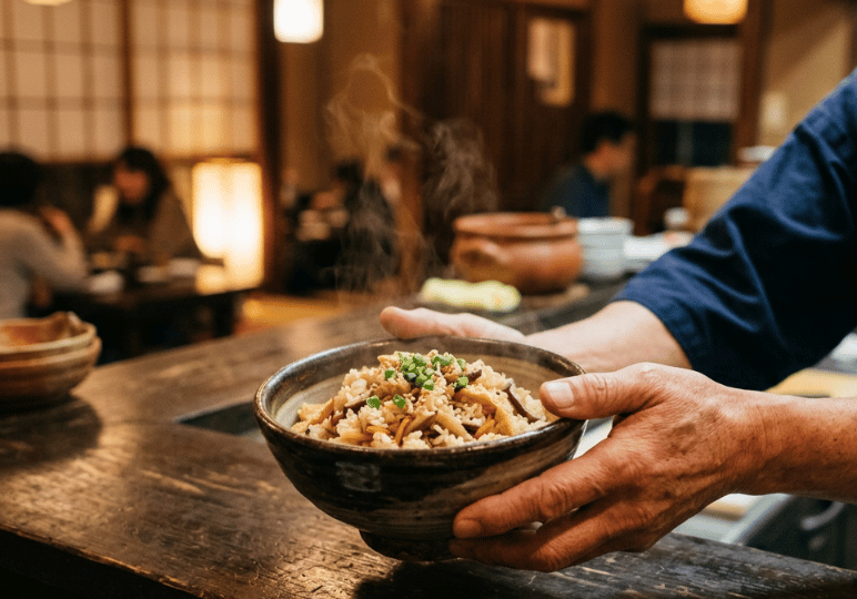 japanese-chef-rice-(1) A close-up of a chef's weathered hands presenting a steaming, freshly prepared bowl of mixed rice over a rustic wooden counter. The rice is garnished with chopped green onions and served in an artisan ceramic bowl, with the warm, softly lit dining area of a traditional Japanese restaurant softly blurred in the background.