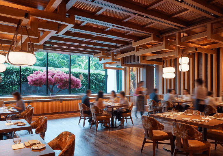 luxury-dining-sg-(1) An elegant, warmly lit restaurant interior featuring a striking, intricate wooden ceiling design and plush seating. Diners enjoy a relaxed meal at wooden tables beside expansive floor-to-ceiling windows that reveal a lush garden with a vibrant pink flowering tree, capturing the ambiance of modern, unhurried luxury.