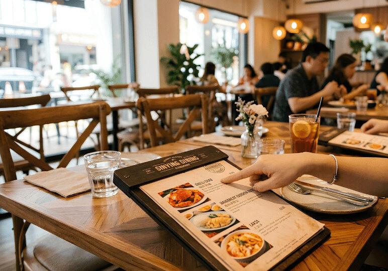 menu-pick-dining- (1) A close-up view of a hand pointing at a menu item in a brightly lit restaurant, with other diners visible in the blurred background.