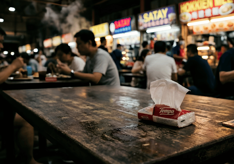 A close-up of a packet of tissue paper placed on an empty wooden table in the foreground, illustrating the Singaporean practice of "choping" to reserve a seat, with a brightly lit, bustling hawker centre blurred in the background.