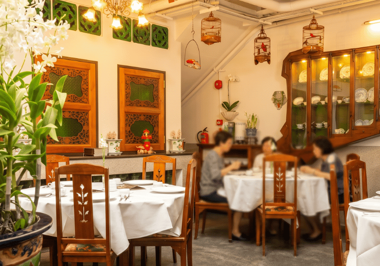 true-blue-cuisine-(1) An elegantly decorated dining room inside a Peranakan restaurant in Singapore. The space is adorned with traditional heritage decor, including intricately carved wooden window panels, hanging decorative birdcages, and a large built-in wooden cabinet displaying antique blue and white porcelain. In the foreground, white orchids sit next to an empty round table set with a crisp white tablecloth and classic wooden chairs, while blurred diners enjoy a meal at a neighboring table in the background.